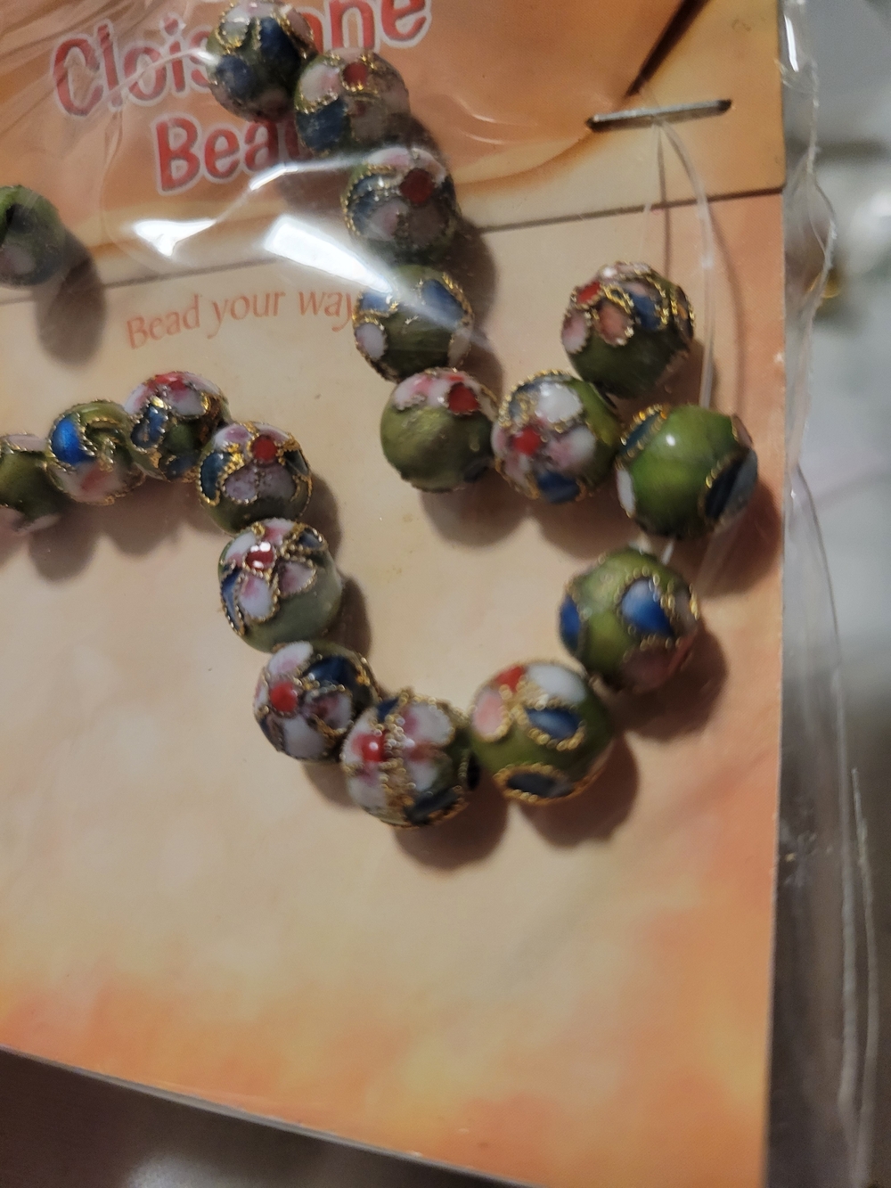 Cloisonné Floral Bead Strand - Green Multicolor, 8mm, Peridot Green, NWT